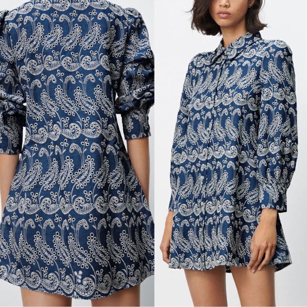 Zara Cotton Openwork Blue Embroidered Button-Front Mini Dress New Sz XS